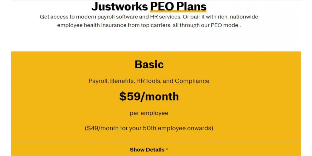 Justworks PEO Monthly Pricing Plans